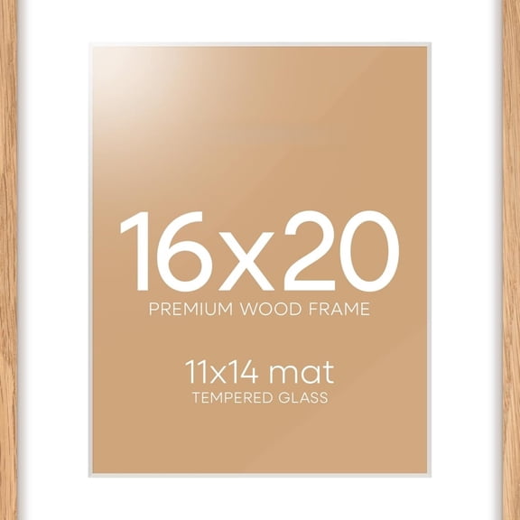16x20 Wooden Frame, High End Natural Oak 16x20 Light Wood Picture Frame with Mat 11x14, 16 by 20 Poster Frames Matted to 11 x 14 Photo, 20by16 Thin Frames, Tempered Glass, Wall Kit, Set of 1