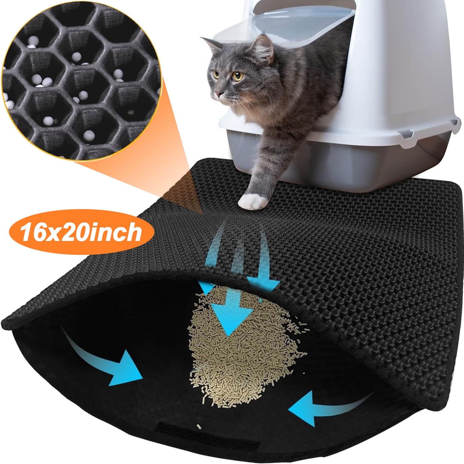 Gazily 18x24 inch Cat Litter Mat Trapping for Litter Box Honeycomb Double Layer Design Urine Waterproof Washable Easy Clean Black Size Large 18 24in