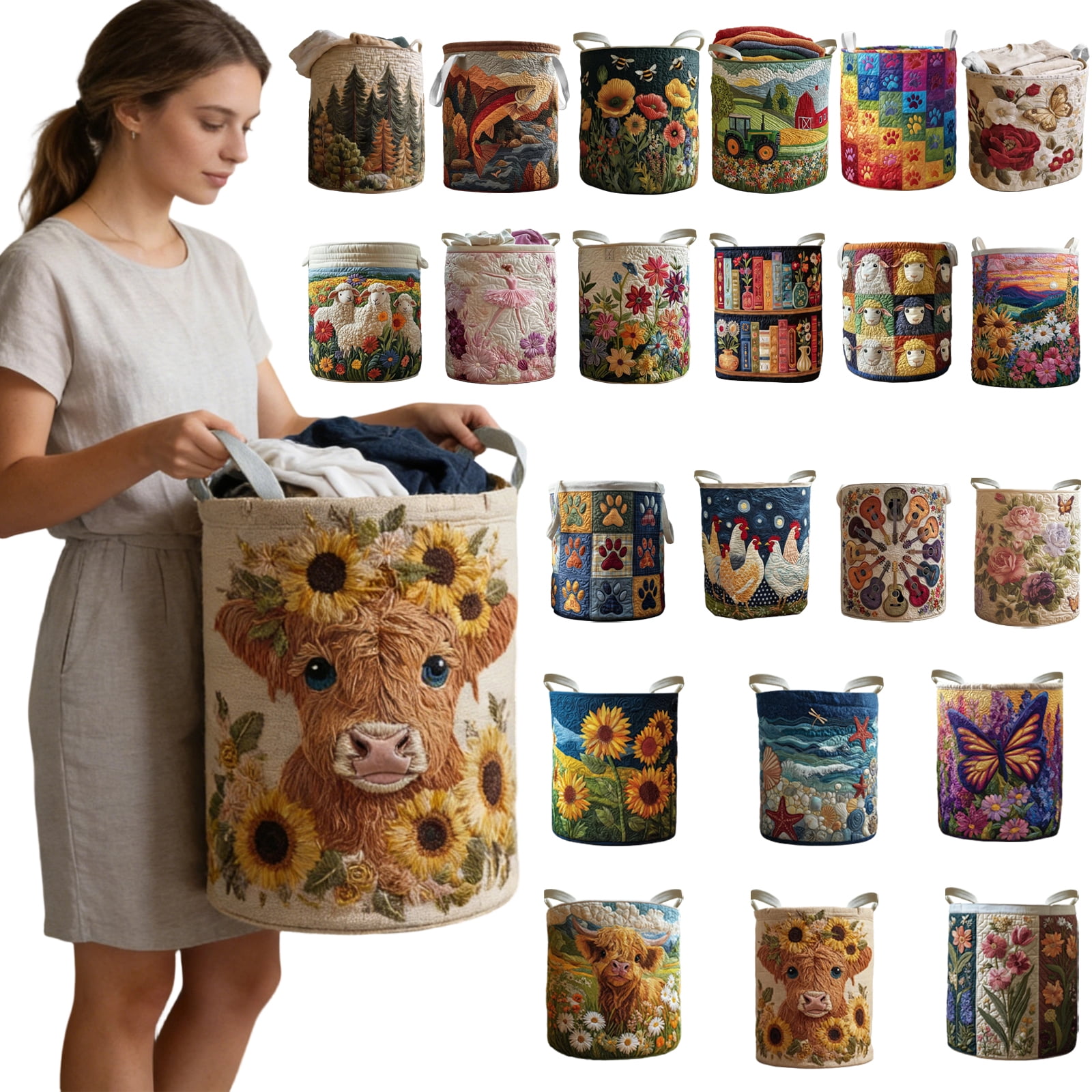 16x22 Inch 3D Quilted Round Laundry Hamper M Size, Heavy Duty Fabric Dirty Clothes Basket, Foldable High Capacity Storage Organizer Bin for Bathroom