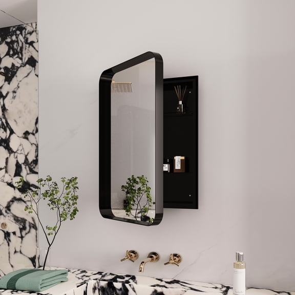 16x24 Inch Recessed Black Metal Framed Bathroom Storage - Mirror And Adjustable Shelves Construction Materials Medicine Cabinet With Frame Long-lasting Durability