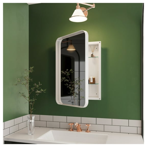 16x24 Inch Recessed White Metal Framed Medicine Cabinet with Mirror and Adjustable Shelves Black Wall Mirror with Storage for Bathroom