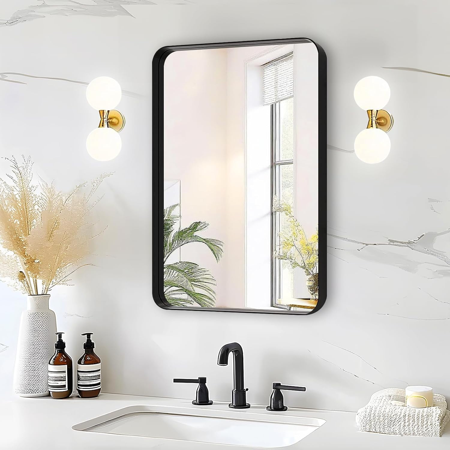 16x24 Inch Rectangle Wall Mounted Black Bathroom Mirror with Black Trim ...