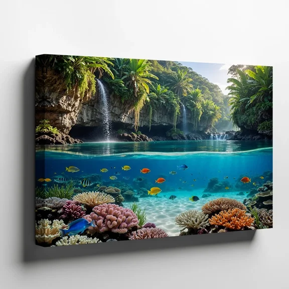16x24 Inch Split Tropical Waterfall Underwater Coral Fish Canvas Wall Art Jungle Ocean Landscape Framed Print Ready to Hang Coastal Living Room Decor