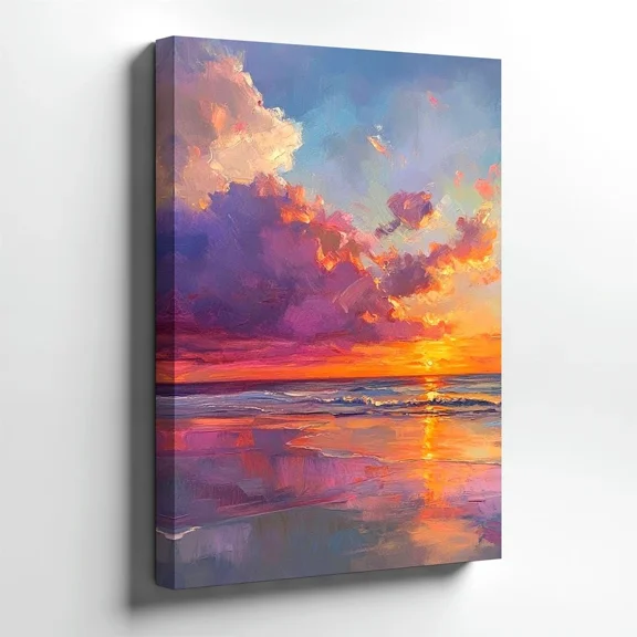 16x24 Inch Vertical Pastel Purple Pink Sunset Beach Canvas Wall Art Impasto Oil Painting Ocean Reflection Seascape Framed Print Ready to Hang Coastal Bedroom Decor