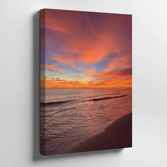 16x24 Inch Vertical Pink Orange Sunset Beach Canvas Wall Art Calm Ocean Wave Reflection Seaside Framed Print Ready to Hang Coastal Bedroom Decor