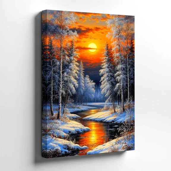16x24 Inch Vertical Winter Forest River Canvas Wall Art Snow Birch Pine Trees Sunset Golden Water Reflection Wilderness Landscape Framed Print Ready to Hang Cabin Living Room Decor