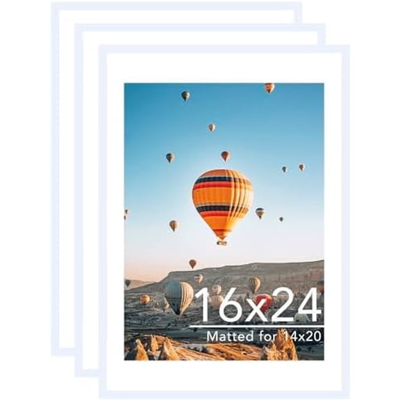 16x24 Picture Frame with Mat for Poster Photo and 40x60 cm Canvas, Display 14x20 with Mat or 16 x 24 without, Wood 16 by 24 Wall Gallery Poster Photo Frame, 3 Pack, White