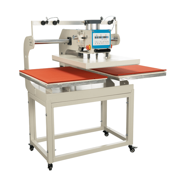 20 inch by 28 inch Pneumatic Up-Sliding Dual Platen Heat Press with Infrared Positioning | Large LCD display, automatic counting, and base frame with casters for easy mobility