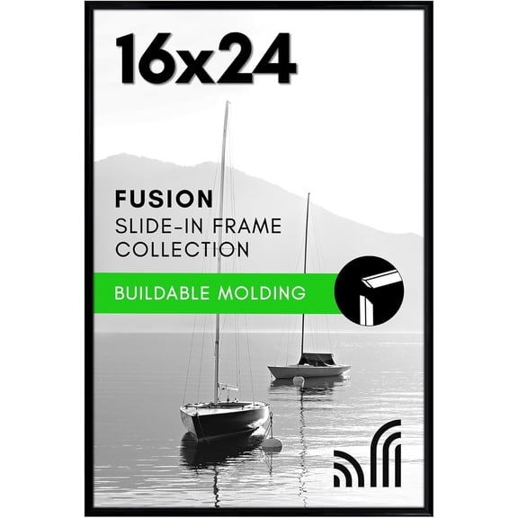 16x24 Poster Frame with Polished Front Cover - Slide-In Photo Frame with Buildable Molding - Fusion Collection - Picture Frames for Wall Display - Black