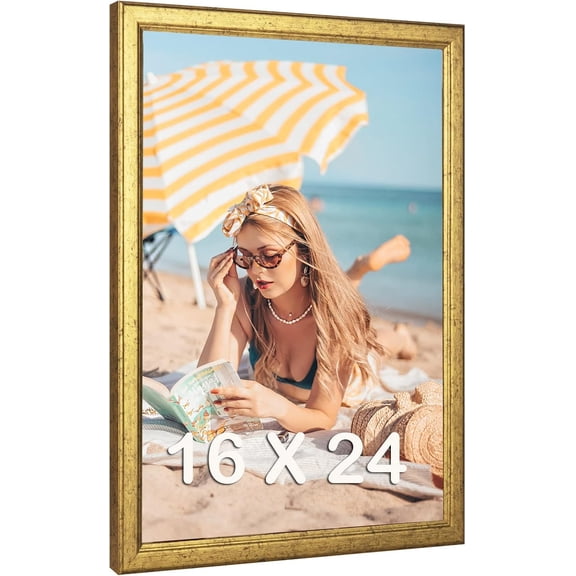 16x24 Wood Frame Gold, Ornate Natural 24x16in Picture Poster Frame, Modern Golden 16 x 24inch Gallery Wall Photo Frame with HD Plexiglass, Horizontal Vertical Wall Mounting Display 1pcs