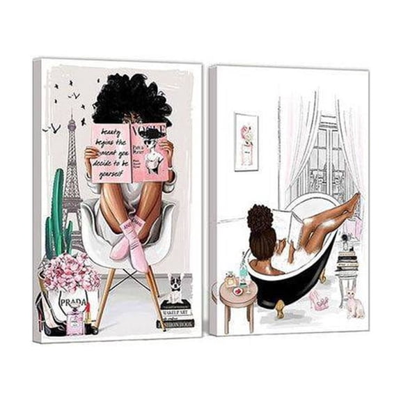 16x24 in 2 pcs Framed African American Wall Art Modern Fashion Paris Pink White Afro Black Girls Women Canvas Wall Decor