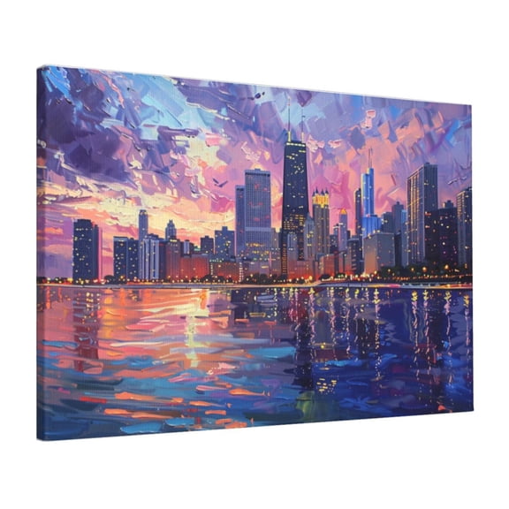 16x24 inch Canvas Frameless Painting Twilight Chicago,Villa Yard,Bedroom,Man Cave,Study,Garage Wall Accents,Charm Twilight Chicago Vintage Art Decor Paintings On Canvas,For Bathroom,Apartment