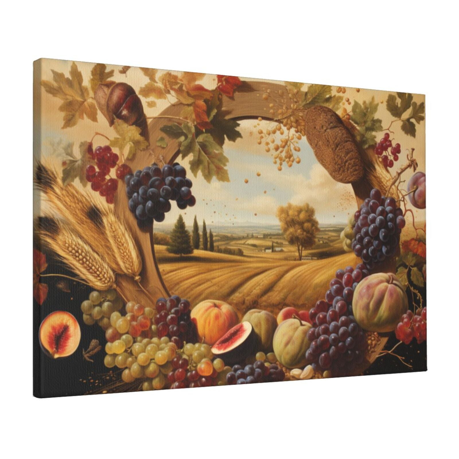 16x24 inch Canvas Hanging Picture Fruits,Wheat & Wheat Fields,Rustic Villa Yard,Kitchen,Garden Fence Door Wall Decor Poster,Exquisite Fruits,Wheat,Wheat Fields Art Paintings,For Rustic Yard