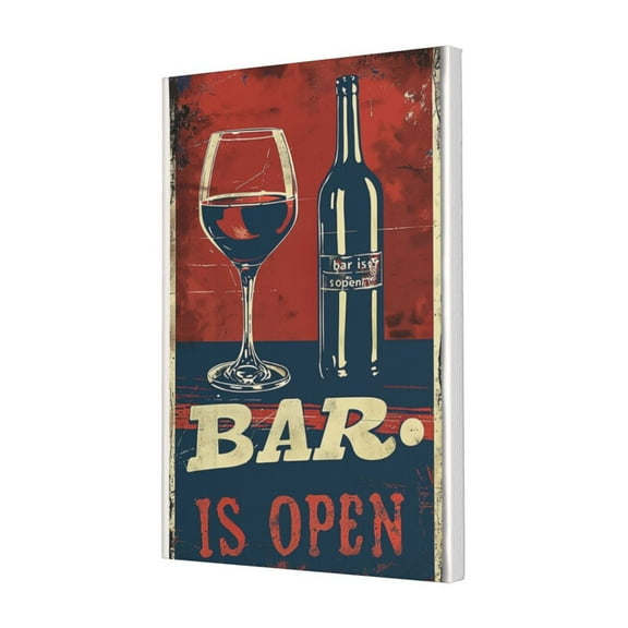 16x24 inch Canvas Hanging Picture Goblet & Wine Bottle 'Bar Is Open' Slogan,Farmhouse Tavern,Kitchen,Bar Wall Decor Canvas Poster,Funny Gifts For Wine Lovers,Family Kitchen,Rustic Bar Decor