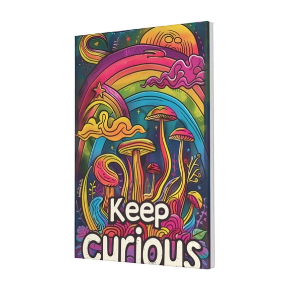 16x24 inch Canvas Hanging Picture 'Keep Curious' Slogan Abstract Rainbow And Mushroom,Rustic Yard Fence,Living Room,Office,Studio Wall Decor Art Poster Prints,Gift For Abstract Art Enthusiast