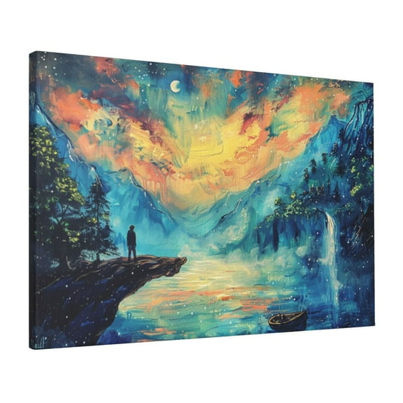 16x24 inch Canvas Hanging Picture Night Drifting Small Boats Bathroom Decor,Villa Home Living Room,Study,Office,Bedroom Wall Art Decor Painting Prints,Charm Night Drifting Small Boats Poster