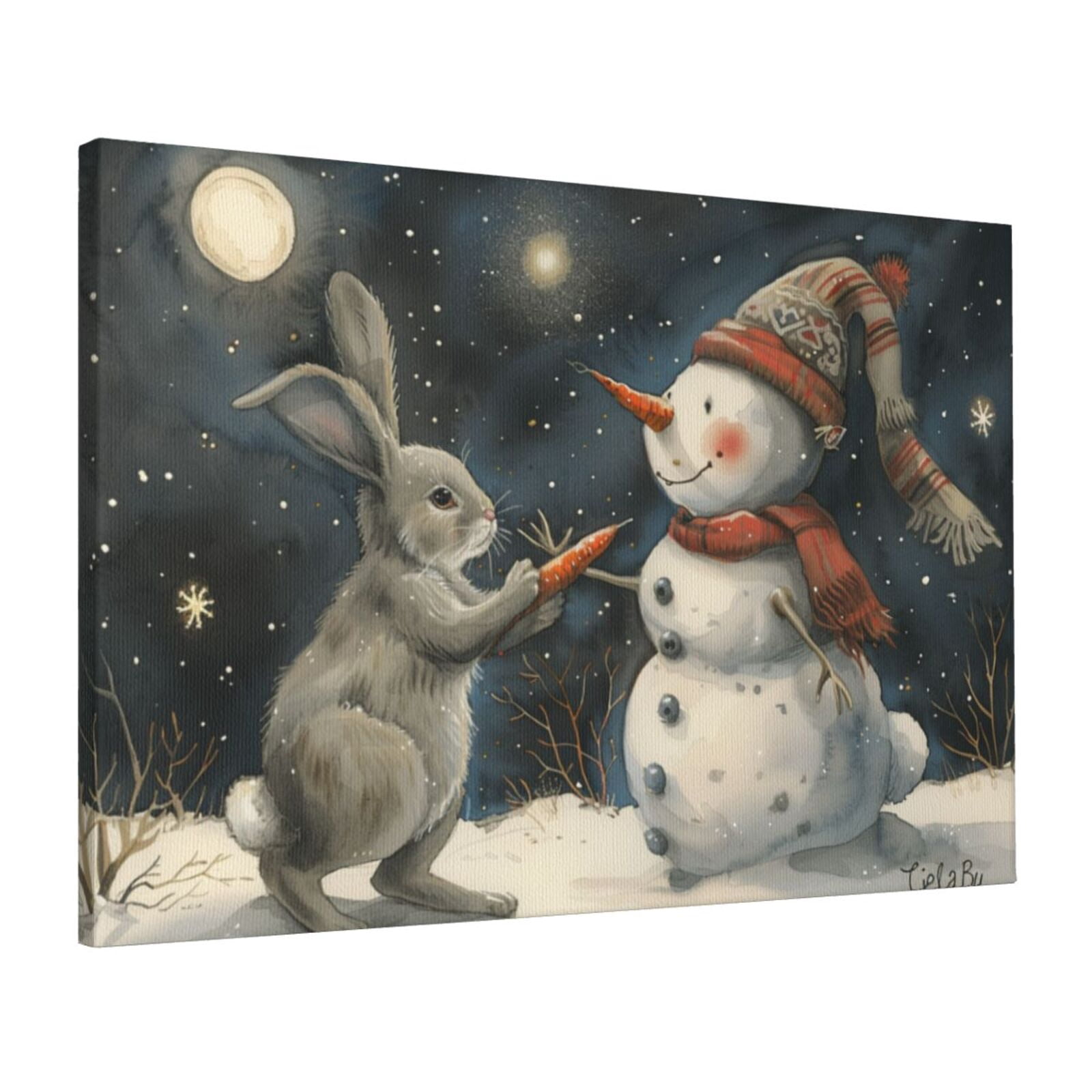 Snowman Rabbit 16x24 inch Canvas Painting Little Rabbit And Snowman,Home Room Decor ...
