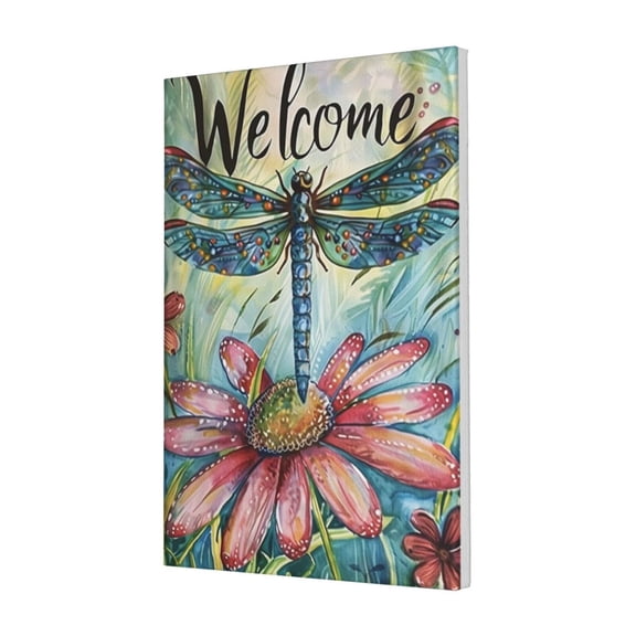 16x24 inch Canvas Painting 'Welcome' Slogan Dragonflies & Flowers,Outdoor Yard Garden Decor Canvas Poster,Indoor Home Living Room,Bedroom,Studio Wall Decor Prints,Gifts For Dragonflies Lover