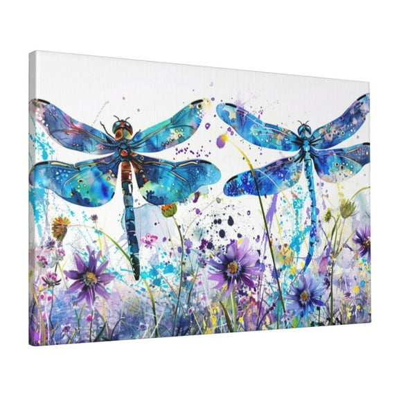 16x24 inch Canvas Picture Colorful Dragonflies & Flowers,Funny Garden Yard Fence Wall Decor Art Prints,Modern Style Colorful Dragonflies & Flowers Decor Painting Poster,Gift For Flower Lover