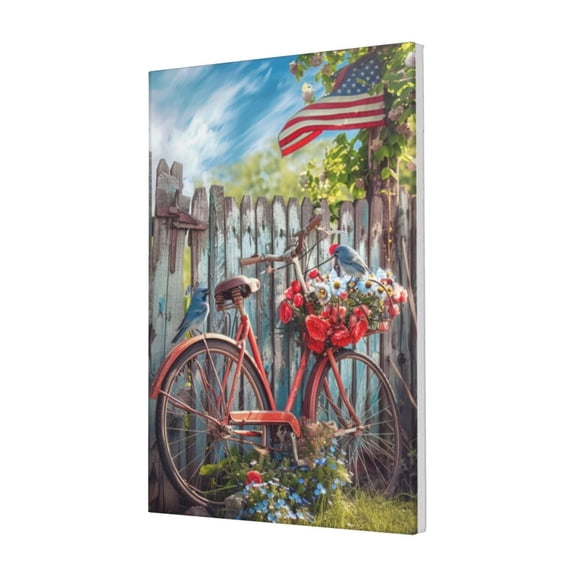 16x24 inch Canvas Picture Flower Bike & Star Spangled Banner,Rustic Yard Decoration Garden Accessory,Flower Bike & Star Spangled Banner Patriotic Theme Modern Style Decorative Painting&nbsp;Gifts