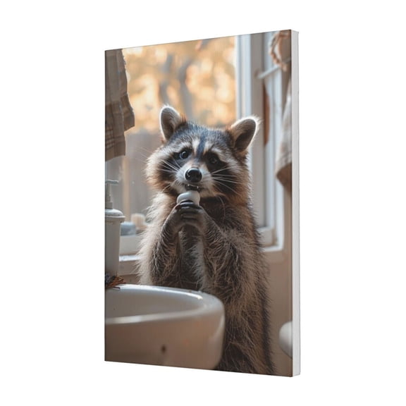 16x24 inch Canvas For Pictures The Little Raccoon In The Restroom,Home Toilet,Bathroom Decor Accessory,Funny Raccoon Modern Style Painting Canvas,Gift For Raccoon Enthusiast,Zoo,Man Cave,Cafe