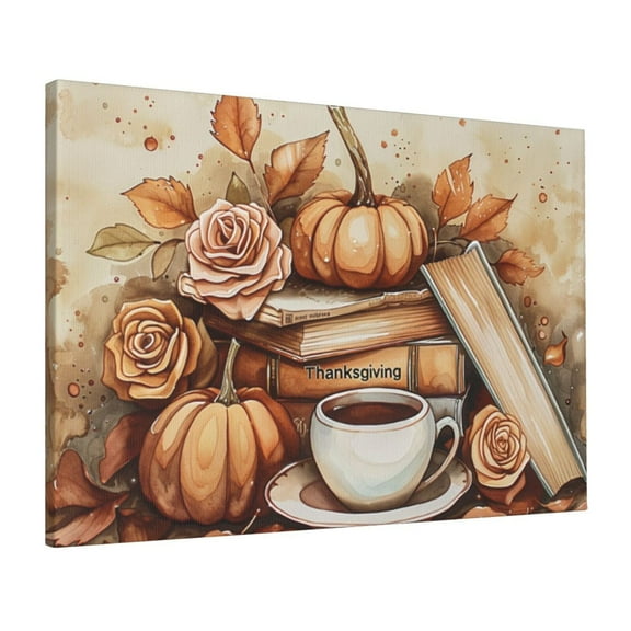 16x24 inch Canvas Pictures 'Thanksgiving' Slogan Pumpkin,Coffee & Books,Rustic Yard Garden,Study Wall Hanging Decor Art Painting Poster,For Cafes,Book & Pumpkin Lovers Gifts,Book Room Decor