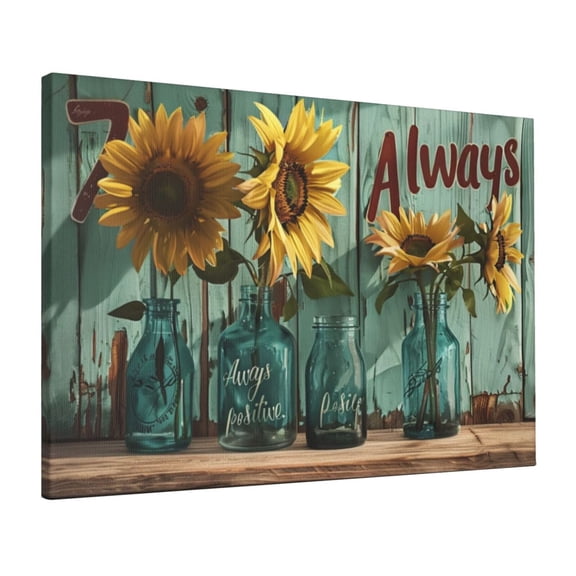 16x24 inch Frameless Canvas Painting Sunflower Vase 'Always Positive' Slogan,Motivational Wall Art,Garden Yard,Living Room,Bedroom Wall Art Decor Poster & Prints,Gift For Sunflower Enthusiast