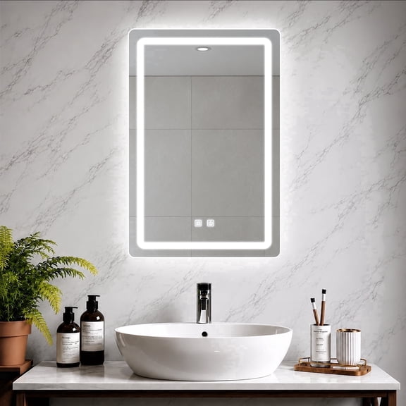 WARM&LOVE 16" x 24" LED Bathroom Mirror, Wall Mounted Vanity Makeup Mirror with Anti-Fog, 3 Color Dimmable Light, Touch Control, Silver