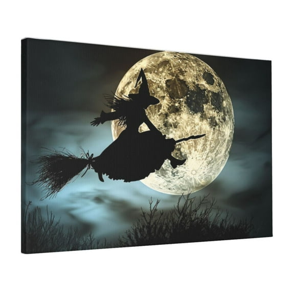 16x24 inch Moon Night Flying Witch Canvas Hanging Picture,Home Living Room,Kid Room,Cafes,Bar Wall Decor Oil Paintings Canvas,Enchanting Moon Night Flying Witch Art Decoration Poster Prints