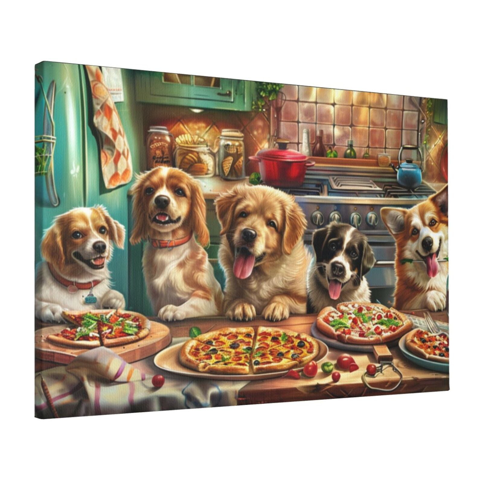 16x24 inch Paintings On Canvas Dogs Eat Pizza Picture,Funny Pizzeria Decor Accessory,Family Kitchen,Man Cave,Lounge,Bar Wall Decor Art Prints,Classic Dogs Eat Pizza Hanging Picture Decor Gift