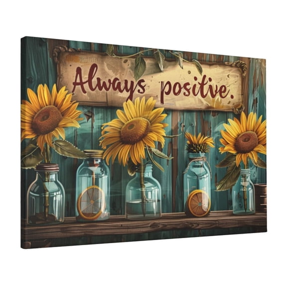 16x24 inch Sunflower Vase 'Always Positive' Slogan Canvas Pictures,Rustic Villa,Garden Yard,Fence Door Decor Accessory,Living Room,Study,Garden Wall Art Decor Paintings Canvas,Bedroom Decor