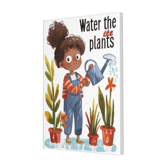 16x24 inch frameless canvas painting Watering girl 'Water the Plants' Slogan,Garden Yard Home decor Accessory,Fun Watering girl decor Paintings Canvas,Garden,Children room,Bathroom Art decor
