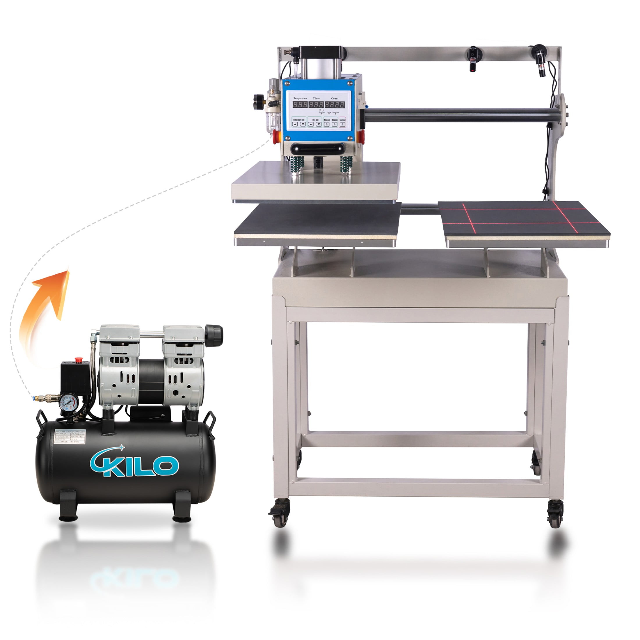 16x24 pneumatic sliding dual-platen heat press with infrared positioning and built-in air compressor