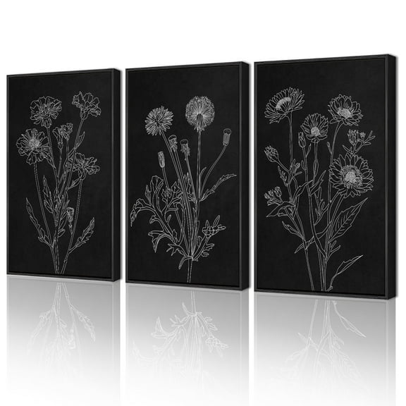 16x24in Black Framed Black White Flower Wall Art Vintage Minimalist Floral Wall Hanging Decor for Office Dining Room Hallway Bohemain Botanical Prints Artwork