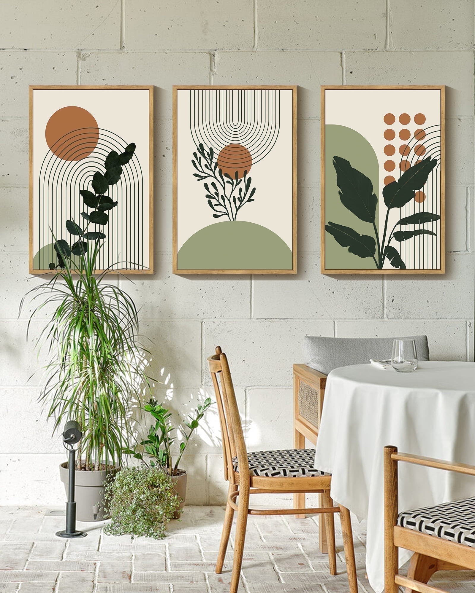 16x24in Natural Framed Boho Plant Wall Art Green Botanical Bohemain Wall Printing Abstract for Office Dining Room Hallway Canvas Prints with Leaf & Sun Lines