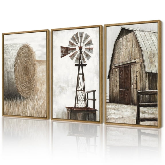 16x24in Natural Framed Farmhouse Wall Art Vintage Rustic Windmill Barn Cornfield Pictures Framed Painting Landscape Countryside Rural