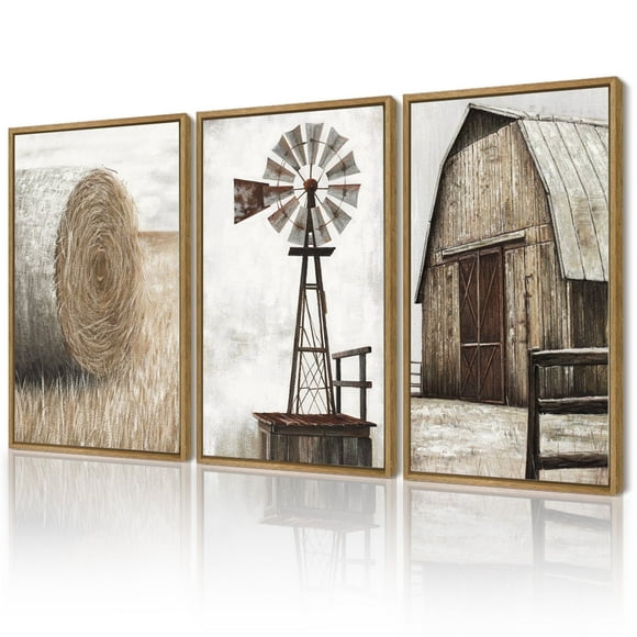 16x24in Natural Framed Farmhouse Wall Art Vintage Rustic Windmill Barn Cornfield Pictures Framed Painting Landscape Countryside Rural
