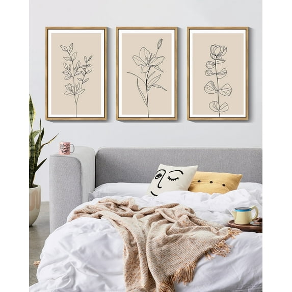 16x24in Natural Framed Flower Wall Art Vintage Floral Minimalist Wall Hanging Decor for Office Dining Room Hallway Bohemain Botanical Prints Artwork