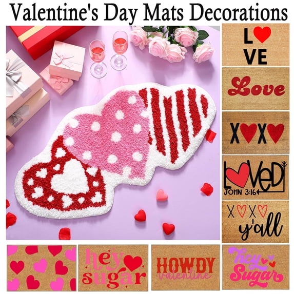 16x24in Valentine Holiday Doorway Carpet, Washable Indoor Outdoor Entry Floor Mat, Soft Grip Rug for Bathroom Threshold and Porch, Heart Design Seasonal Romantic Accent, HAODEJW, J
