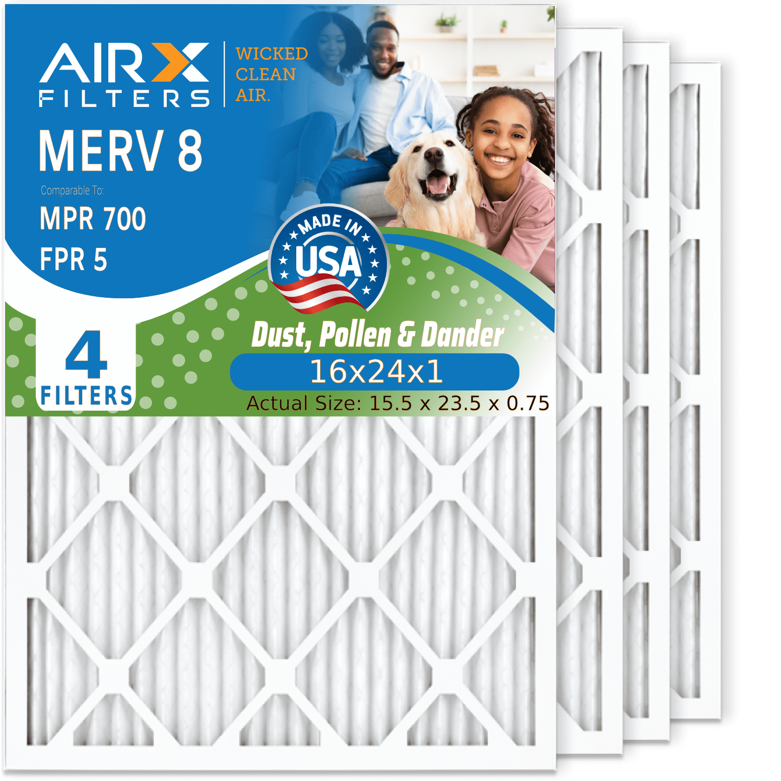 16x24x1 - MERV 8 Comparable to MPR 700 & FPR 5 Pleated Air Filter for HVAC, AC & 16x24x1Furnace, 4 Pack - High Performance Electrostatic Air Conditioner Filters by AIRX FILTERS WICKED CLEAN AIR.