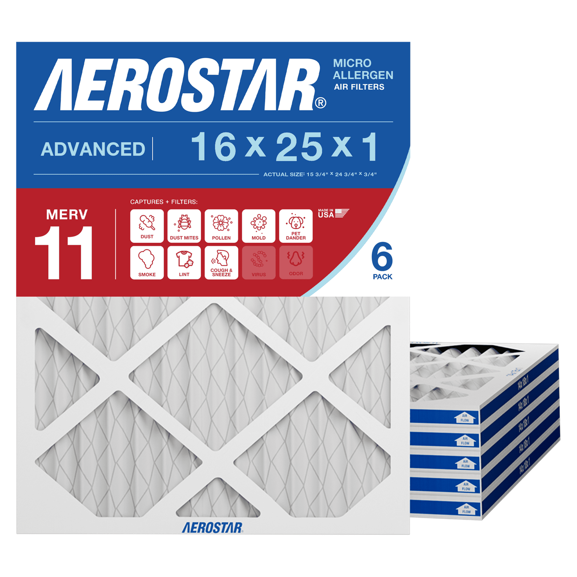 Aerostar 16x25x1 MERV 11 Air Filter, Pleated AC Furnace HVAC, Pet Dander Mold Smoke, 6 Pack