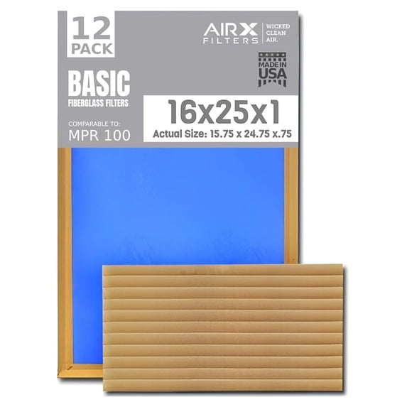 16x25x1 Air Filter Comparable to MPR 100 Basic Economy Furnace Filters, 12 Pack of Non Pleated Fiberglass Filter For Dust - Low Airflow Restriction! From WICKED CLEAN AIR.