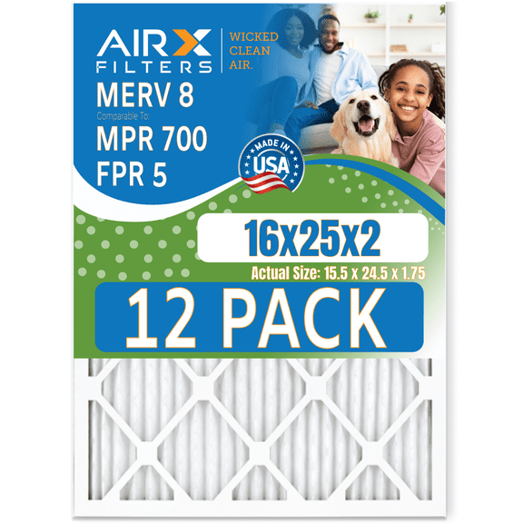 16x25x2 Air Filter MERV 8 Rating, 12 Pack of Furnace Filters Comparable to MPR 700 & FPR 5 - Made in USA by AIRX FILTERS WICKED CLEAN AIR.
