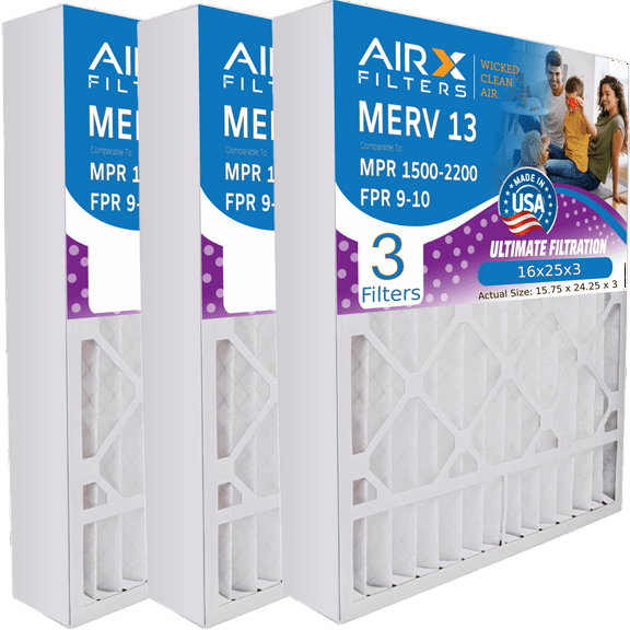 16x25x3 Air Filter MERV 13 Comparable to MPR 1500 - 2200 & FPR 9 Compatible with Lennox X0581 Air Filter 3 Pack by AIRX FILTERS WICKED CLEAN AIR.