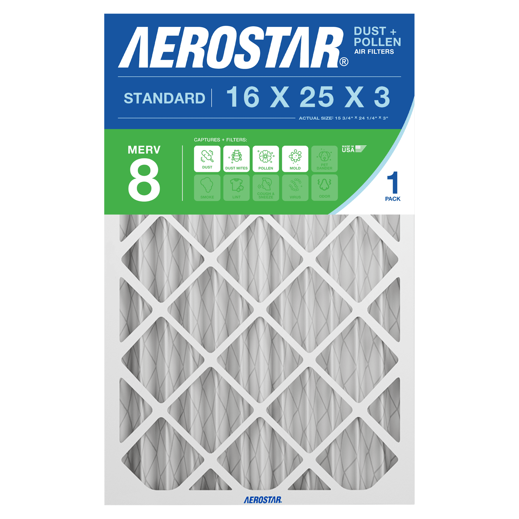 Aerostar, Air Filter, 16x25x3, MERV 8 Pleated AC Furnace - Walmart.com