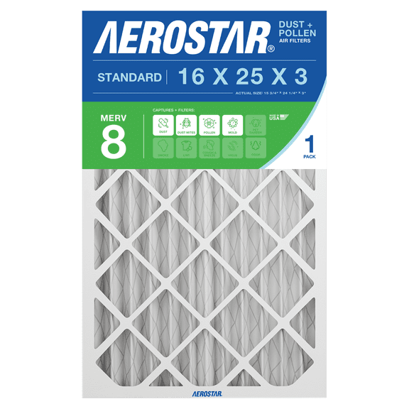 Aerostar 16x25x3 MERV 8 Air Filter, Pleated AC Furnace HVAC, Dust Pollen Pet Dander, 3 Pack