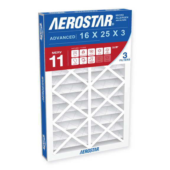 Aerostar 16x25x3 MERV 11 Air Filter, Pleated AC Furnace HVAC, Pet Dander Mold Smoke, 3 Pack