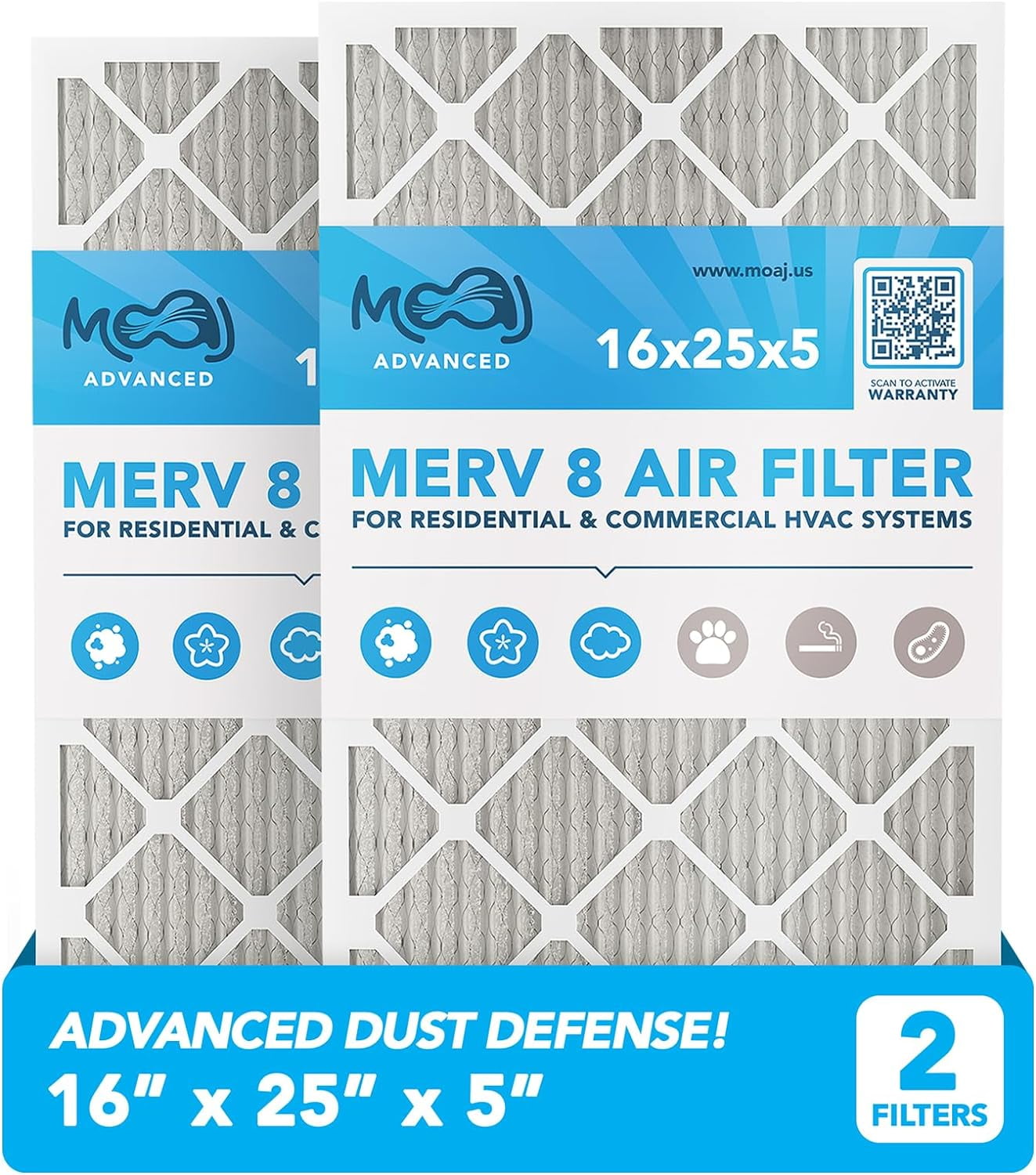 16x25x5 Air Filter (2PACK) MERV 8 Advanced Dust Defense BASED IN