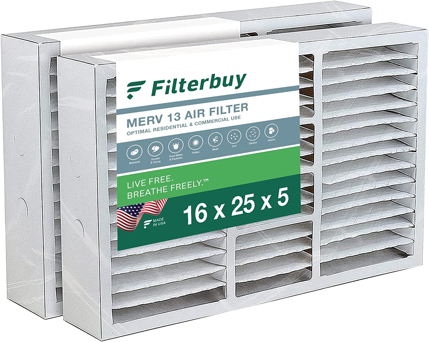 16x25x5 Air Filter MERV 13 Optimal Defense (2Pack), Pleated HVAC AC