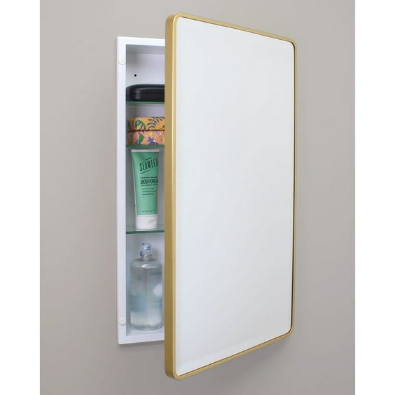 16x26 Austin Farmhouse Metal Framed Rounded Rectangle Recessed Bathroom Medicine Cabinet, Beveled Mirror, 14x24 in-Wall Opening, Powder-coated Steel, Adjustable Glass Shelves, Magnet Close, Gold